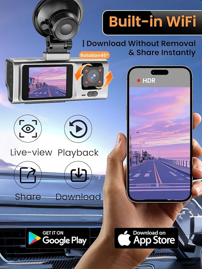 3 Channel Dash Cam, QHD 2.5K+1080P+1080P 3-Way Recording, WiFi Dash Camera with APP Control, 1440P Front+4 IR Lights, 24H Parking Mode with Time-Lapse, G-Sensor, Loop Recording,Free 64GB Card