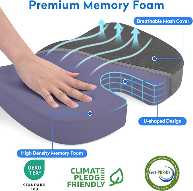 Seat Cushion, Office Chair Cushions, Car Seat Cushion, Non-Slip Sciatica & Back Coccyx Tailbone Pain Relief Chair Pad, Memory Foam Pillow for Computer Desk, Wheelchair, Driving(Grey)