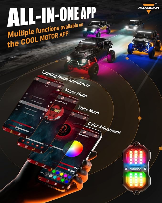 Auxbeam 2 Pods RGB Rock Lights (No Controller), Bluetooth & Remote Control, Dynamic Color Changing LED Wheel Well Lights w/Brake&Music&Voice Mode, Underglow for Truck ATV UTV, 1 Year Warranty