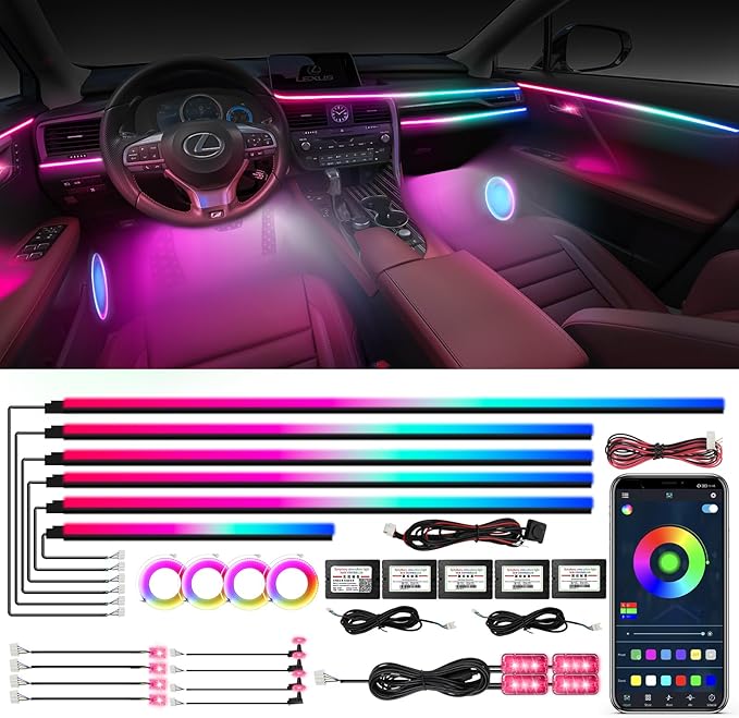 WEBUPAR Dreamcolor Acrylic Interior Car Lights, 22 in 1 RGB Car LED Strip Lights with APP Control and 213 Color Modes, Car Accessories Car Decorative Lights, Neon Car Ambient Lighting Kits