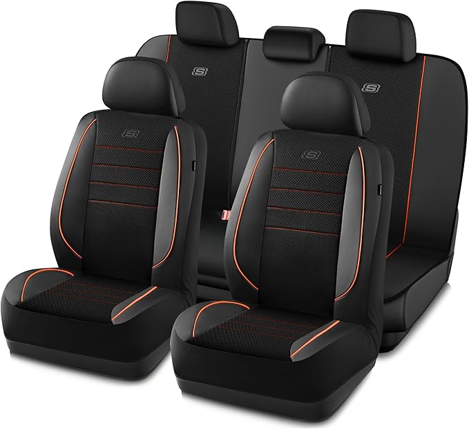 Skechers Air-Cooled Memory Foam Seat Covers,Mesh Thick Car Seat Covers,Piping Leather Car Seat Cover,Airbag Compatible,Automotive Comfort for Most Cars, Vans, Trucks, SUV(Orange, Full Set)