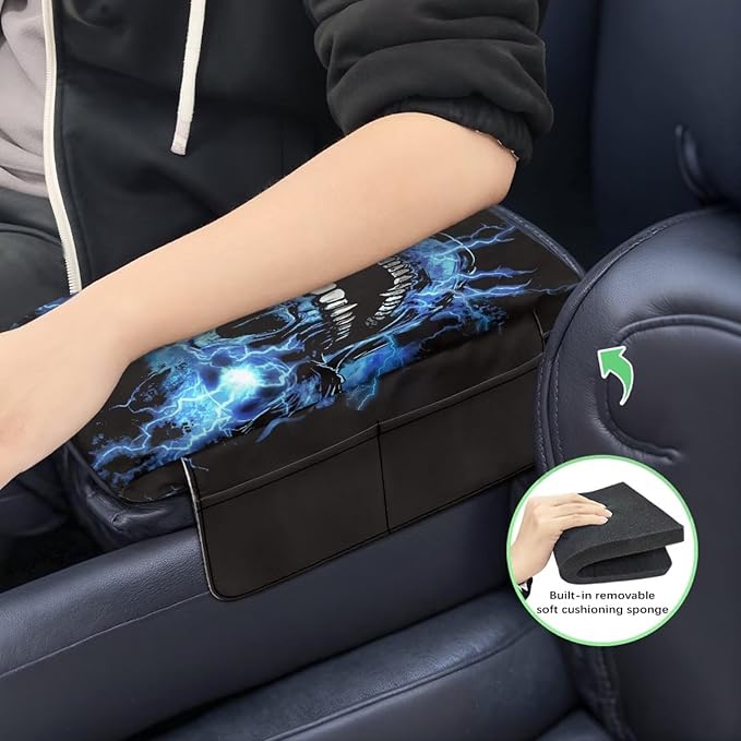 Tupalatus Cool Skull Car Center Console Cover Waterproof Armrest Cushion Cover Pad Breathable Car Center Console Replacement with Storage Pockets for Most Vehicle, SUV, Truck, Car