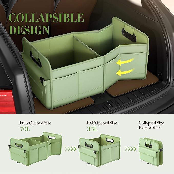 titiyiof Trunk Organizer For Suv & Sedan,Car Organizers and Storage, Waterproof Collapsible & Adjustable Straps,70L Sturdy Car Organization for Car Accessories, Tools,Sundries,2-3Compartment（Green