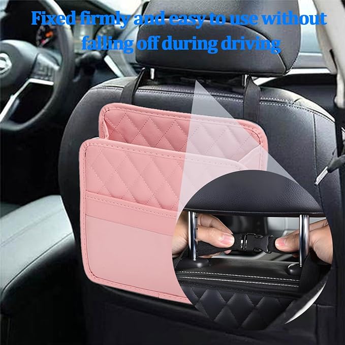 Car Seat Back Organizer, Foldable Leather Vehicle Backseat Storage Bag, Multifunctional Automotive Interior Hanging Pocket Accessories, Universal Fit (Pink)