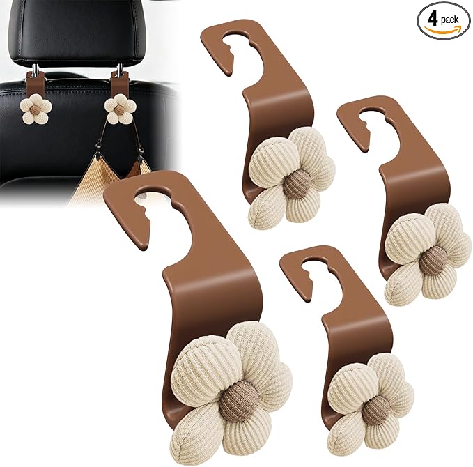4PCS Car Headrest Hooks, Purse Hook for Car, Cute Flower Auto Backseat Organizer Hanger for Purse Grocery Bag Coat, Auto Seat Back Organizer Storage Hanger Holder Fit Vehicles (Orange/Beige)
