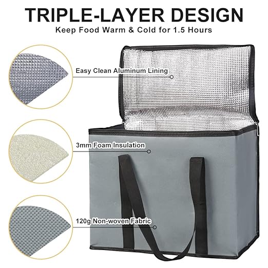 CIVJET 1-Pack Insulated Reusable Grocery Bags, X-Large Insulated Food Delivery Bag for Doordash/Catering/Uber Eats, Commercial Food Warmer for Shopping, Tote Cooler Bags, Dark Grey