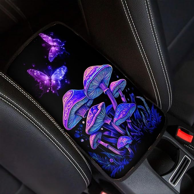 UNICEU Hippie Butterfly Mushroom Car Armrest Cushion Pad Mushroom Car Accessory for Women Men,Comfortable Armrest Seat Box Cover Protector Fit Most Cars Vehicles SUVs