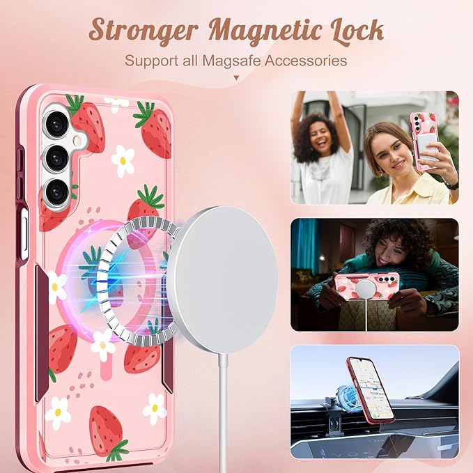 for Samsung Galaxy A14 5G Phone Case - Compatible with MagSafe Women Girls Cute Magnetic Protective Cover Girly Kawaii Strawberry Heavy Duty Shockproof Design for Samsung Galaxy A14 5G Cases