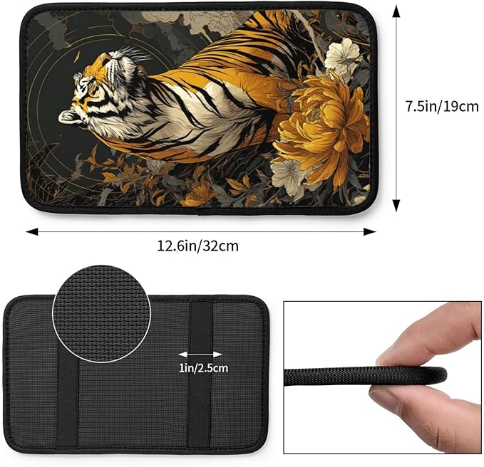 Universal Car Center Console Cushion Pad, Golden Flower Tiger Soft Waterproof Car Center Console Cover Auto Armrest Seat Box Cover Protector for Most Vehicle SUV Truck Car