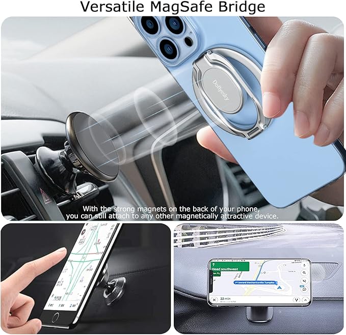 Doflyesky Magnetic Phone Grip Holder Kickstand, Gym Double Adjustable Finger Ring Grip and Stand, Compatible with PopSockets MagSafe Ring Removable for iPhone (Silver)