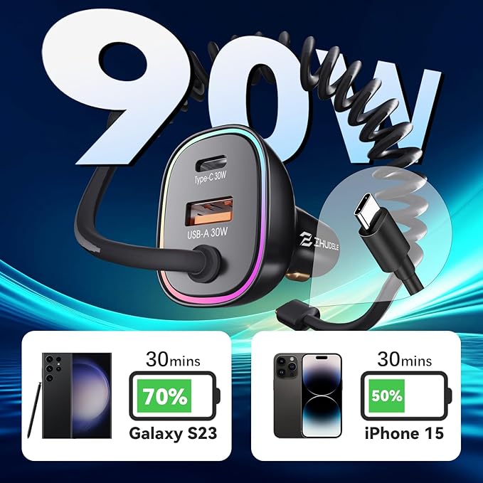 90W Car Charger, USB C Cigarette Lighter Adapter with 4FT Coiled Cable, PD 30W & QC3.0 Fast Charging, Compatible with iPhone 16/15 Series, Samsung Galaxy S24/S23/S22, iPad, Android Phones (Black)