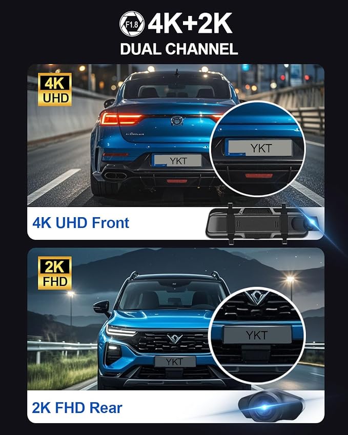 YKT 4K Mirror Dash Cam, Rear View Mirror Camera for Car with 2K Camera and 64GB Card, 10' Touch Screen Front and Rear Dashcam WiFi GPS, Night Vision, G-Sensor, Reverse Assist, 24H Parking Mode
