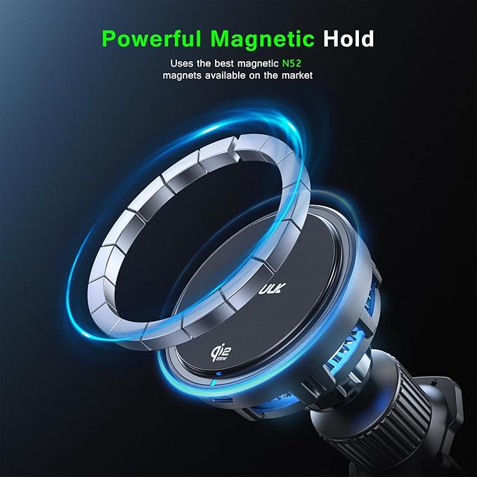 Esoulk [2026 Upgraded] Qi2 25W Fast Wireless Car Charger with Active Cooling Fan for Heat Protection, MagSafe Compatible Magnetic Air Vent Mount with Locking Clip, Phone Holder for iPhone & Android