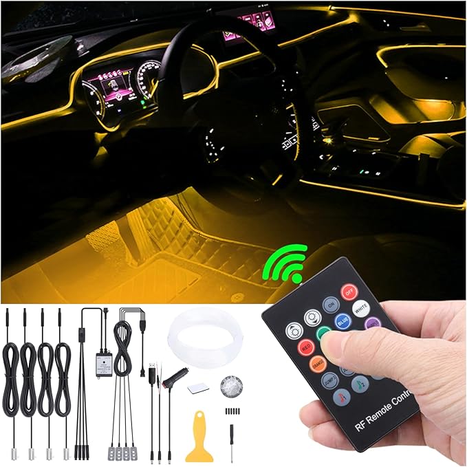 5 Meters Optic Fiber Car Ambient Lighting with RF Remote Control 64 Colors Multicoloured Music Interior Footwell Lighting Kit DC 12V 1W