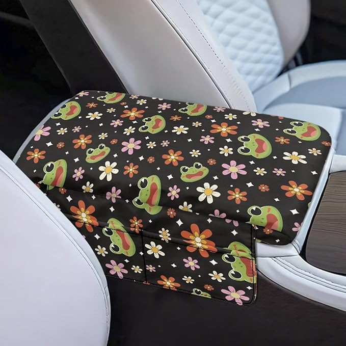 Dreaweet Car Center Console Cover with Pockets Cute Frog Car Accessories for Women Soft Thick Car Arm Rest Cover Pad Universal Armrest Cover for Car Truck SUV Van