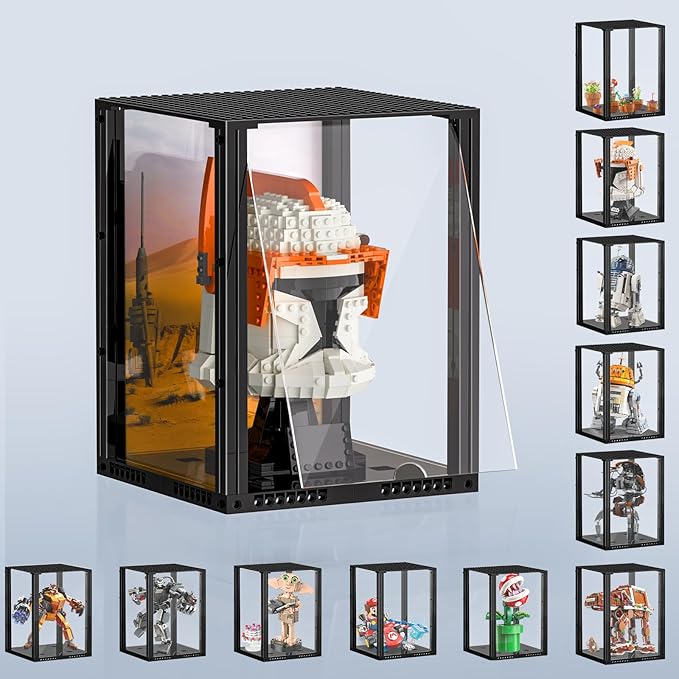Briksmax Acrylic Display Case for LEGO Helmet Collectibles, Assembled Clear Dust Protective Display Box with Printed Cardboard, Gift for LEGO Collectors (7.7x7.7x10 in)(No Model)