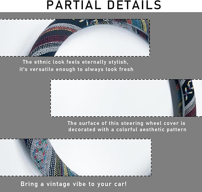 Boho Steering Wheel Cover, 15.0"×15.0" Anti-Slip Baja Blanket Ethnic Steering Wheel Protector, Breathable Flax Cloth Elastic Bohemian Steering Wheel Cover, Car Accessories (Style D)