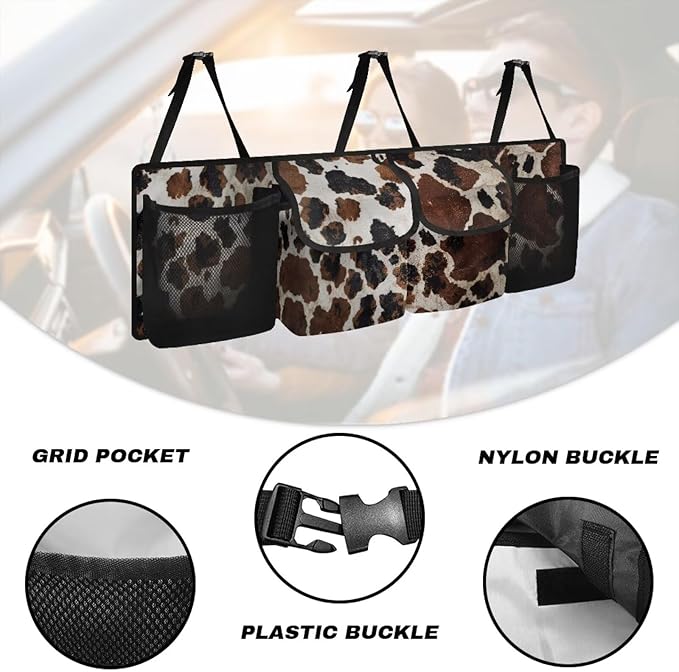 Cow Car Trunk Organizer and Storage, Backseat Hanging Organizer for SUV, Truck, MPV, Waterproof, Collapsible Cargo Storage Bag with 4 Pockets