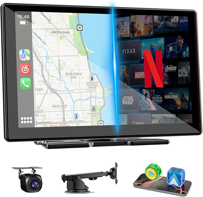 9" Upgraded Wireless Carplay Screen for Car, Built-in Apps Net-Flix YouTube Tiktok, Portable AI Magic Box for Apple Car Play & Android Auto Screen with HD Backup Camera, Voice Assistant, OTA Updates