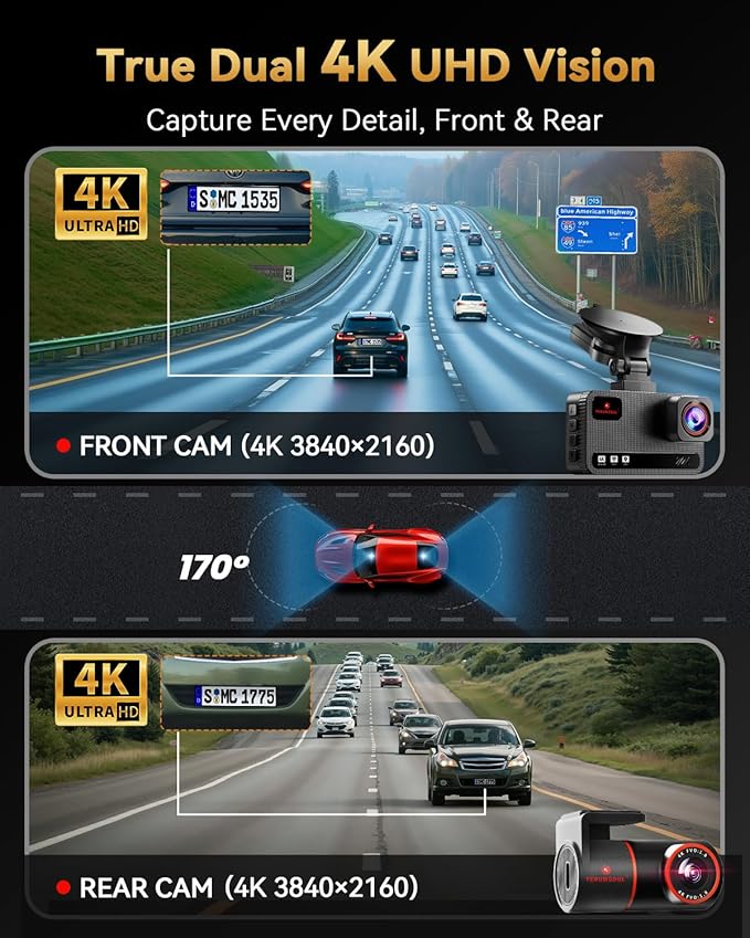 4K+4K Dash Cam Front and Rear, Free 128GB Card Included, 5.8GHz WiFi Dash Camera for Cars, Built-in GPS, G-Sensor, 170°Wide Angle, 3" IPS Screen, 24H Parking Mode, Support 512GB Max