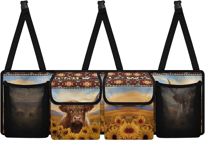 Highland Cow Sunflower Car Backseat Hanging Trunk Organizer with 4 Pockets Multipurpose Adjustable Car Organizer Bag Auto Interior Accessories