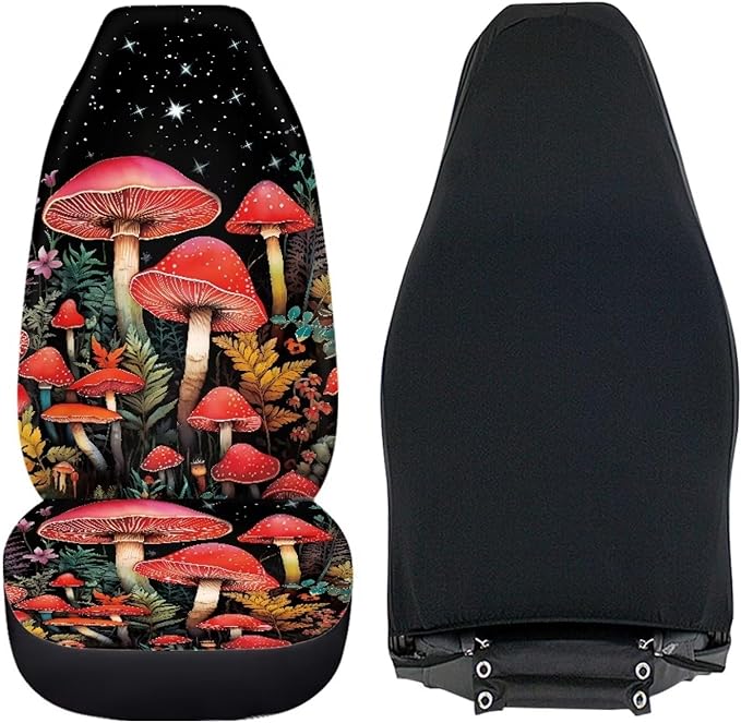 BIGCARJOB Mushroom Car Seat Cover Set for Women, Fantastic Print Auto Front Seat Protector Set of 2 Pcs, Vehicle Bucket Seat Pad, Car Accessories Gifts, Fit Most Vehicle, Cars, Sedan