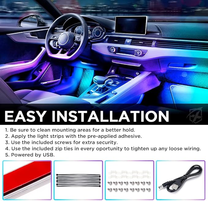 Xprite Dreamcolor USB LED Cars Interior Lights Strip Kits, w/Remote & Bluetooth APP Control, Footwell Under Dash RGB Neon Chasing Inside Lights, DIY Music Mode, Universal for Vehicle Trucks UTV ATV