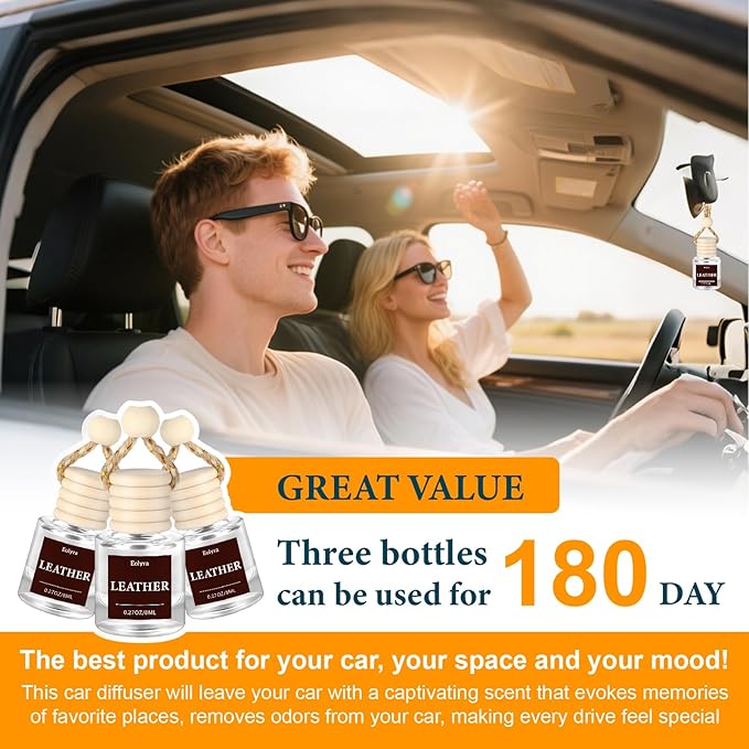 Hanging Car Air Freshener (Pack of 3) : Luxury Car Perfume for Women Men | Cute & Wooden Lid Reusable Bottle with 45+ Days Long-Lasting Scent for Auto Interio, Leather