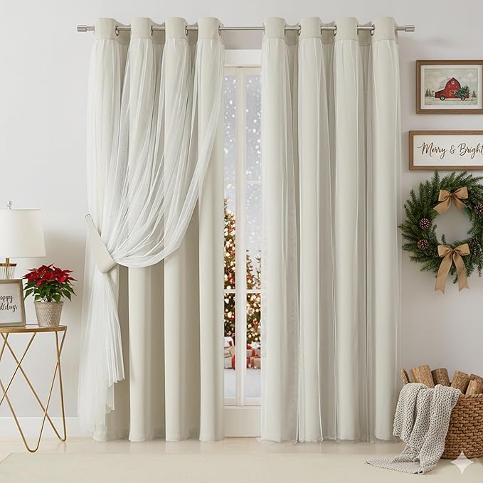Bujasso Beige 80% Blackout Curtains with Sheer Overlay Mix and Match Double Layer Thermal Insulated Window Panels 84 inch for Living Room Bedroom Beige Drapes with Tiebacks Grommet Top 54" Wx84 Lx2