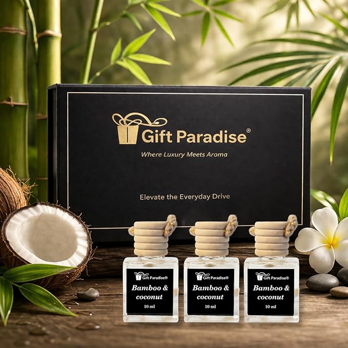 Gift Paradise® Bamboo & Coconut Car Air Freshener Set of 3 – 10 ml Hanging Diffusers with Wooden Cap, Clean Spa Coconut Scent for Car, Closet & Office, Long Lasting – Premium Magnetic Gift Box
