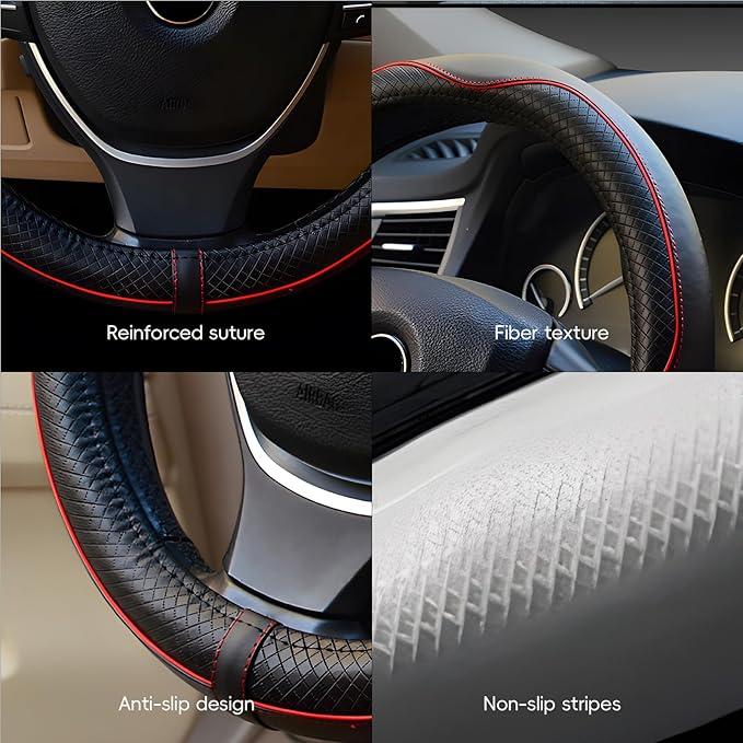 LABBYWAY Microfiber Leather Steering Wheel Cover, Universal 14.5-15 Inch,Anti Slip,Heavy Duty, Thick,Soft,Breathable Car Interior Accessories for Men Women (Black with Red line)