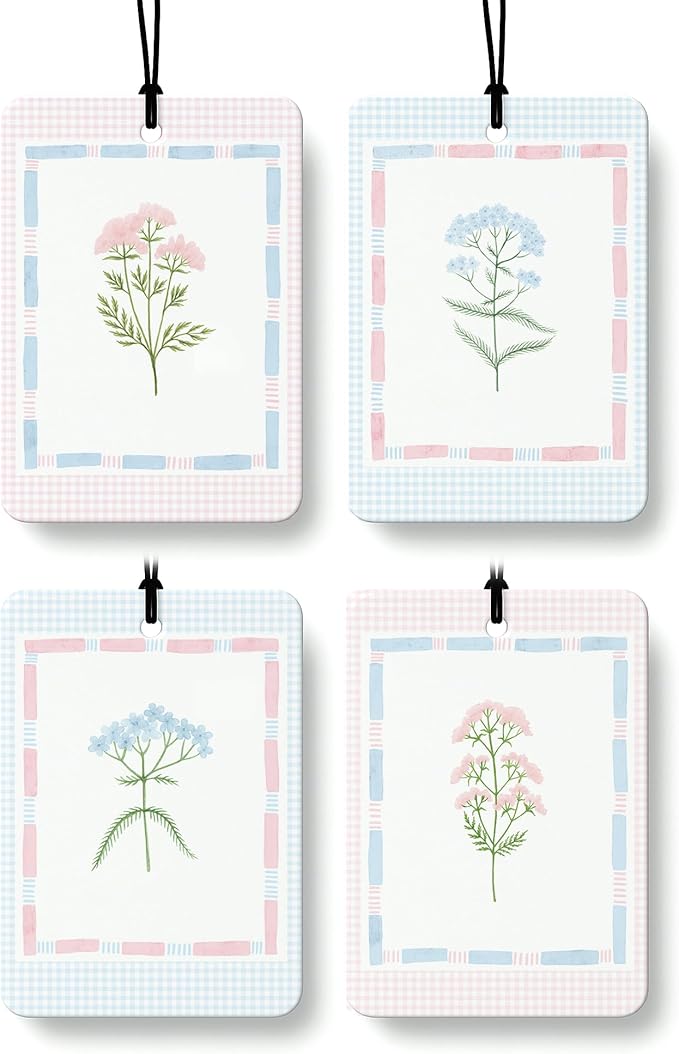 Girly Floral Car Air Freshener 4 Pcs Coconut Scented, Preppy Pink and Blue Flower Car Accessories Mirror Decor for Women, Cute Aesthetic Hanging Air Freshener for Cars Closet Drawer Books