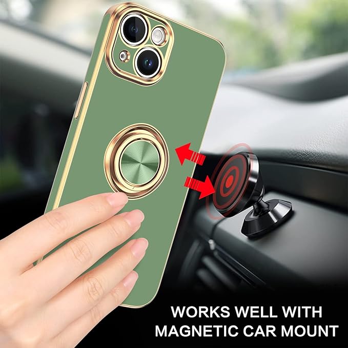 VENINGO Compatible with iPhone 14 Case, Slim Fit Soft 360° Ring Holder Kickstand Magnetic Car Mount Supported Easy Clean Shockproof Protective Cover for iPhone 14 6.1" 2022,Matcha Green