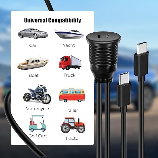 Dual Port USB C 3.0 Male to USB C 3.0 Female Extension Cable,Flush Mount Waterproof Panel Cable for Car,Truck,Boat,Motorcycle Dashboard 3.3ft