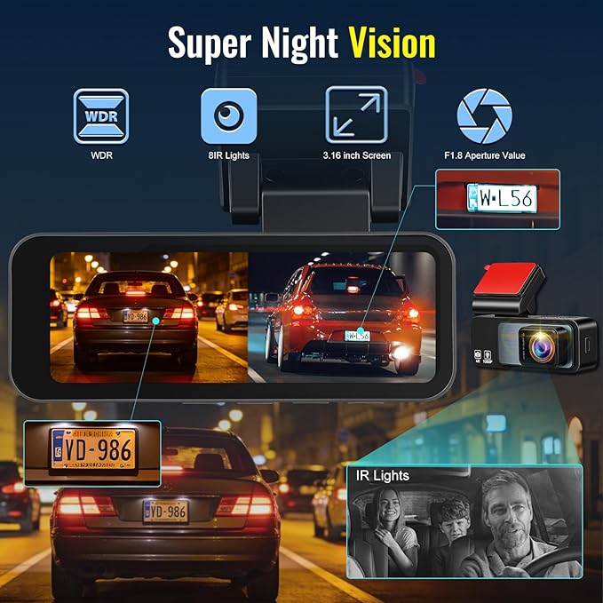 4K Dash Cam Front and Rear, NHOPEEW 3.16" Screen Dual Dash Camera for Cars with WiFi & GPS, Night Vision, 170°Wide Angle Car Dashboard Cam, G-Sensor, Loop Recording, 64GB Card Included