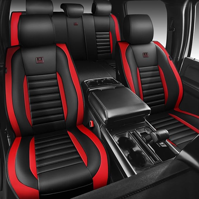 CAR PASS Nappa Leather Car Seat Covers Full Set, Luxury Seat Protector for Cars, Waterproof Anti-Slip Seat Cushion Armrest Compatible Airbag Universal for Sedan SUV Pick-up Truck Auto, Black Red