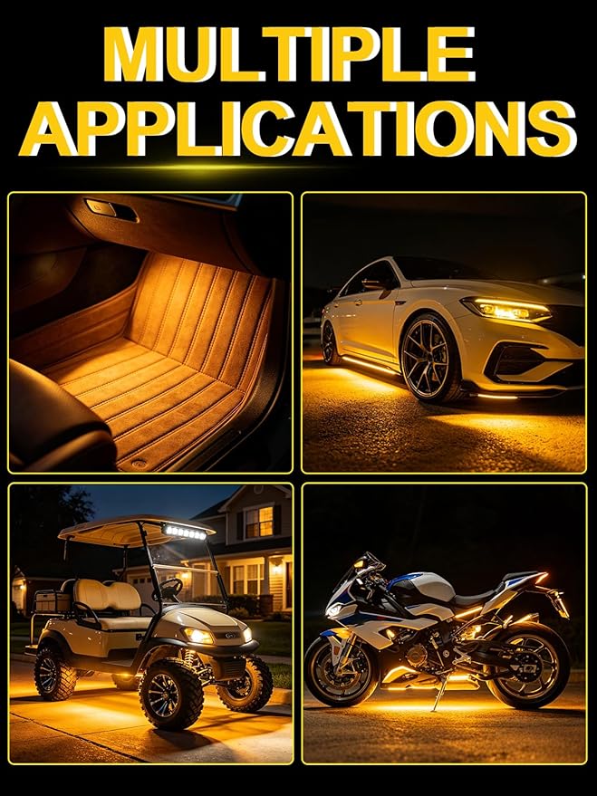 YM E-Bright Amber/Yellow Led Strip Lights for Cars 5050 SMD Waterproof Golf Cart Underglow Lights for Motorcycles Boat Scooter Bike Interior Exterior Decoration DC-12V,Pack of 4
