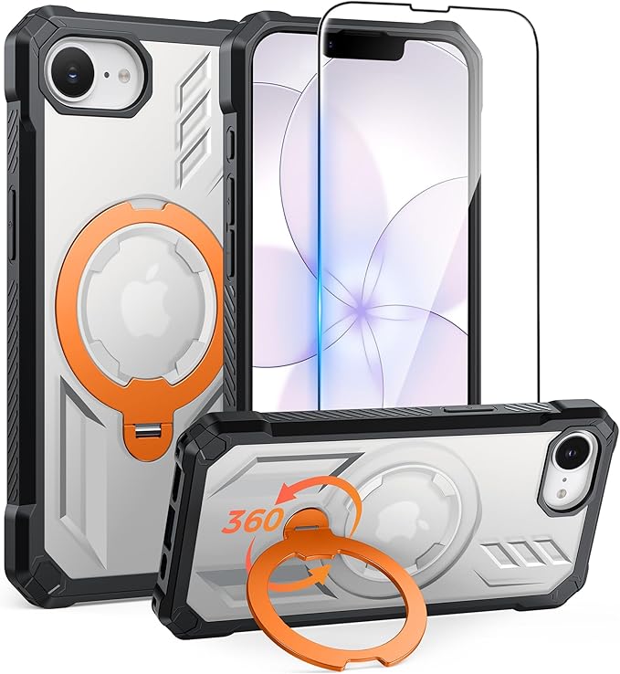 FNTCASE for iPhone 17e Phone Case: for iPhone 16e Case with [360 Spin Magnetic Ring Kickstand] [Compatible for MagSafe] [Screen Protector] Heavy Duty Military Grade Protection Case Translucent Orange