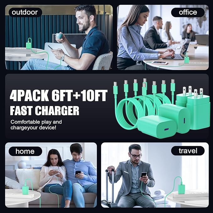 Essri Type C Charger Fast Charging for Samsung Galaxy S25/S24/S23/S22/Note 20,4Pack 25W Super USB C Fast Charger Block with (6ft+10ft) x2 Cables for iPhone 15/16 Pro Max/Plus, Android Phones - Green