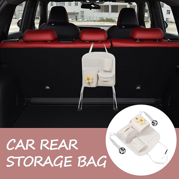 Car Seat Back Storage Organizer Bag, Multifunctional Leather Backseat Car Organizer with Hanging Pockets, Beige Quilted Design for Suv and Family Travel Interior
