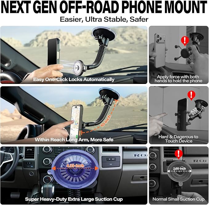 A2C One-Lock Ultra Off-Road Truck Phone Mount, Magnetic Alignment with Automatic Dual-Latch Locking System, One-Hand Quick Release, 4.33" Heavy-Duty Vacuum Suction Cup, Anti-Shake Double-Rib Metal Arm