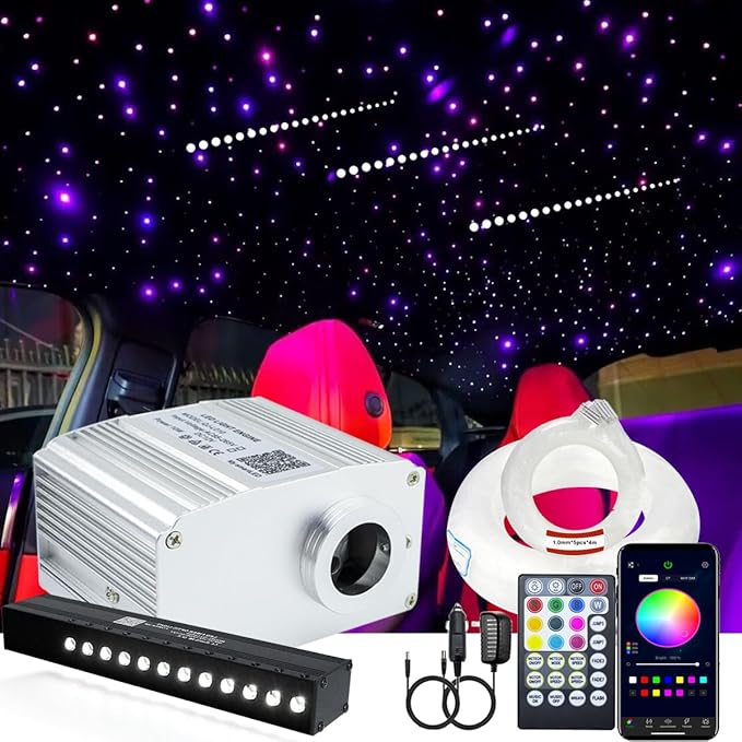 AZIMOM 10W RGBW Twinkle 450pcs Fiber Optic Starlight Lights with Meteor Shooting Star Kits Sound Activated 0.03in 9.8ft Fiber Strands Car Home Ceiling Roof Decor