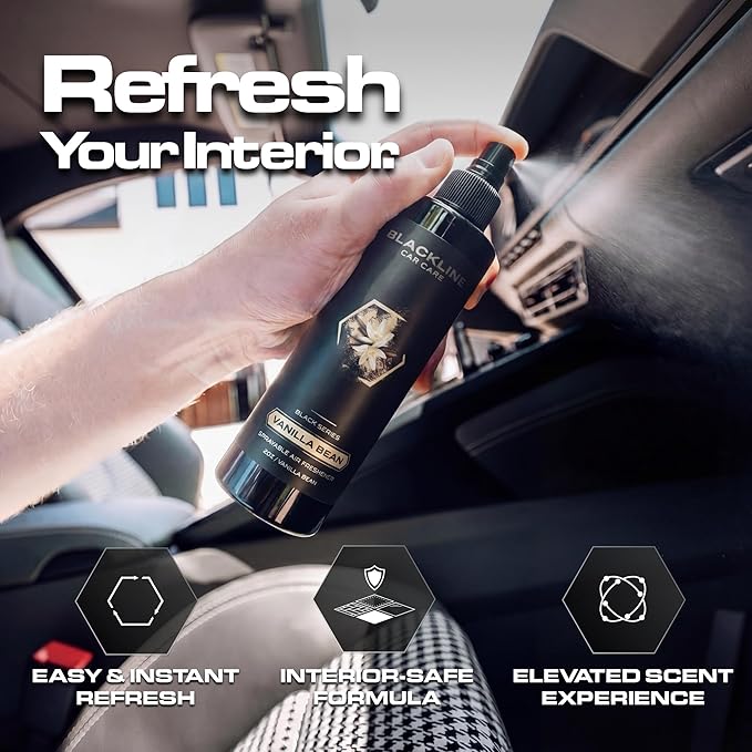 Blackline Car Care - Vanilla Bean Car Air Freshener, Long-Lasting, Oder Eliminator, for Cars, Trucks, SUV, or Home Use - 8 fl OZ - Vanilla Bean Air Freshener - Vanilla Spray