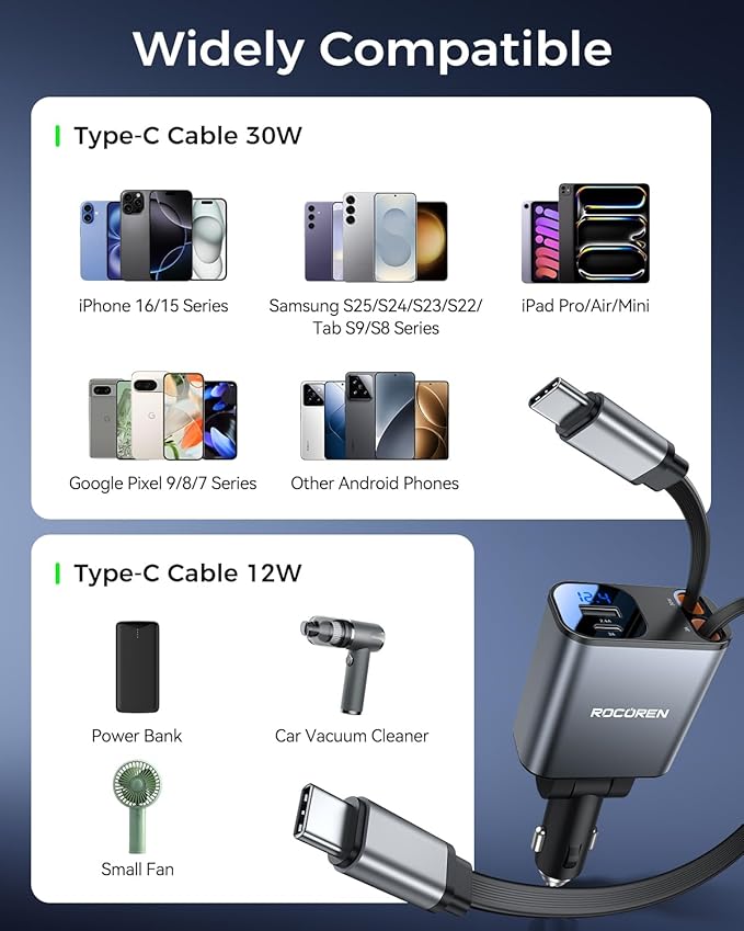 Retractable Car Charger for iPhone 17,Rocoren 4 in 1 USB C Car Charger Fast Charging with Dual 2.62Ft Type-C Cable,69W Car Phone Charger,Road Trip Essentials,Car Accessories for iPhone 16,iPad,Android