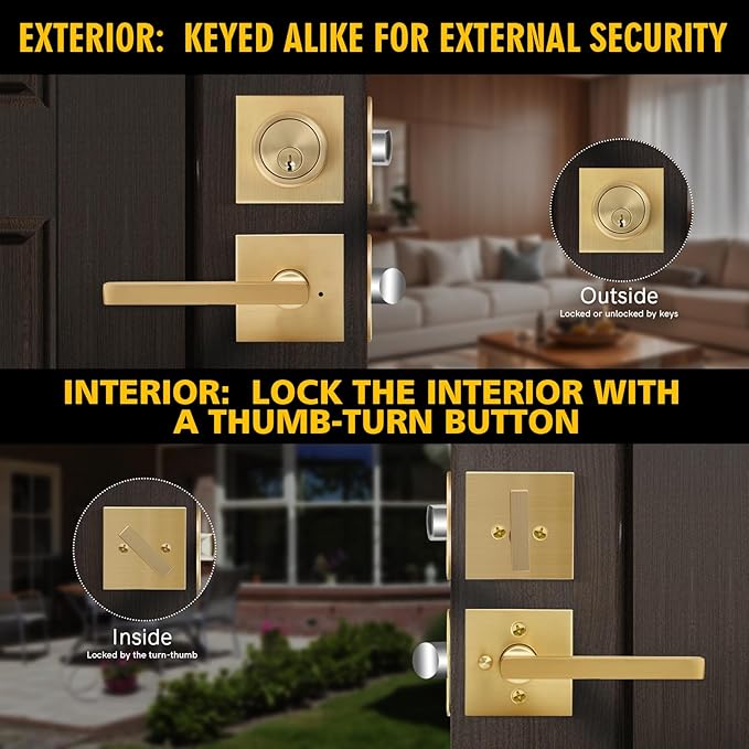 Cielsa Dawn Gold Heavy Duty Privacy Lever Door Handle and Single Cylinder Deadbolt Lock and Key Combo Pack - Locking Lever Set for Left or Right-Handed Doors - Exterior Door Levers - Satin Brass