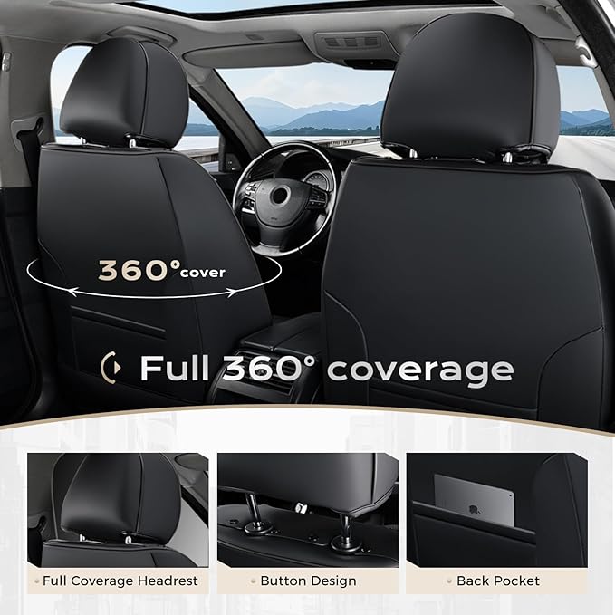 Coverado Car Seat Covers, Leather Seat Covers Full Set, Waterproof Car Seat Protector with Lumbar Support, Automotive Seat Covers Seat Cushions Universal Fit for Most Cars SUV Trucks, (Black&Beige)