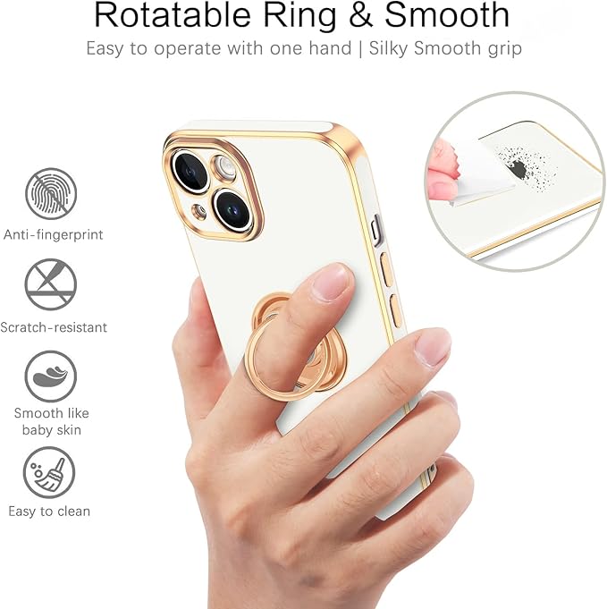VENINGO iPhone 14 Case,Phone Cases for iPhone 14,Slim Fit Soft 360° Ring Holder Kickstand Magnetic Car Mount Supported Easy Clean Shockproof Protective Cover for Apple iPhone 14 6.1" 2022,White/Golden