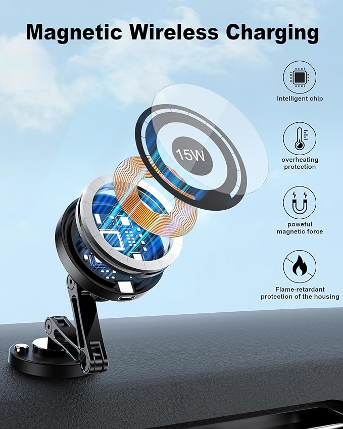 ZBF Magnetic Wireless Car Mount Charger, 15W Fast Charging Mag-Safe Car Mount,Magnetic Car Phone Holder Mount, Car Cell Phone Holder Fit iPhone 17 16 15 14 13 12 All Smartphones