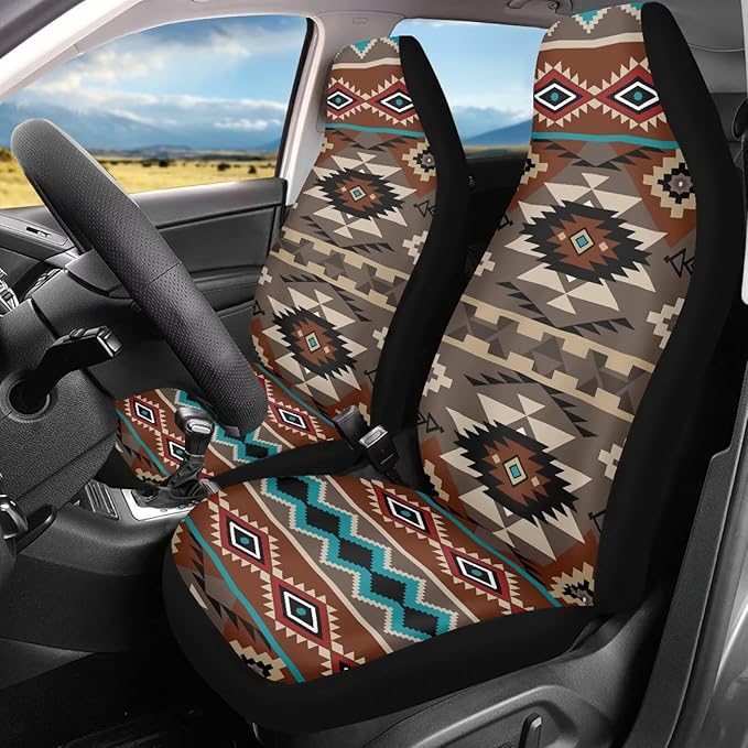 ELEQIN Front Car Seat Covers 2pcs, Brown Aztec Tribal Automotive Seat Covers Car Accessories Universal Size Fit for Most Cars,SUVs&Trucks&Vans
