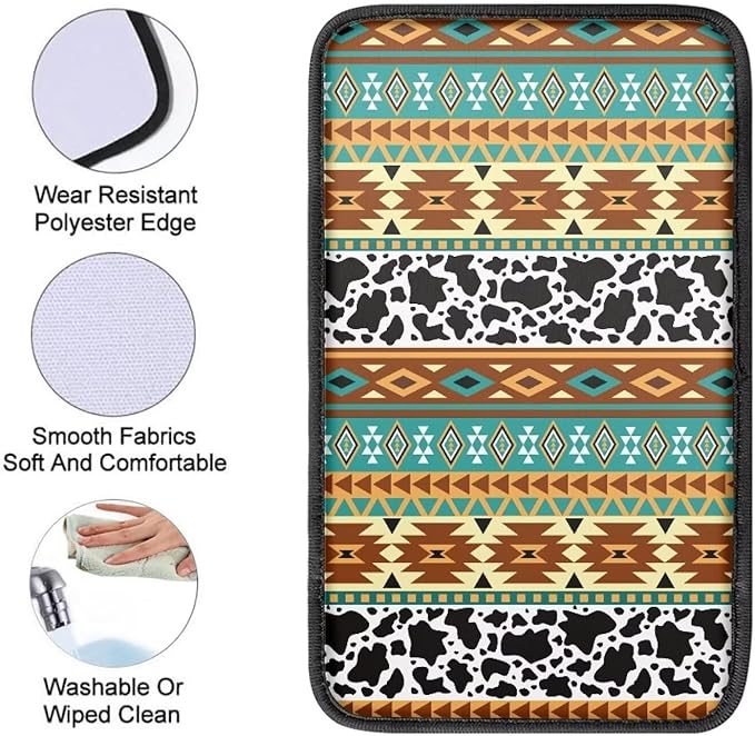 Dreaweet Aztec Cow Print Car Center Console Cushion Pad,Soft Car Armrest Seat Box Cover Protector Universal Fit for Most Cars SUV Trucks